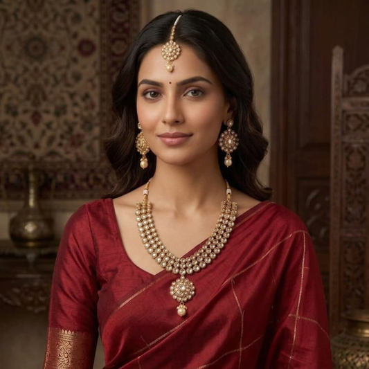 Gold Necklace, Earrings & Tikka set