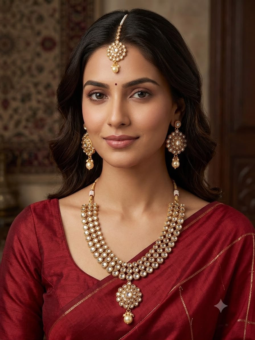 Gold Necklace, Earrings & Tikka set